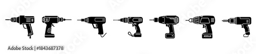 Black silhouette power tools collection, essential vector icons for construction and DIY projects.