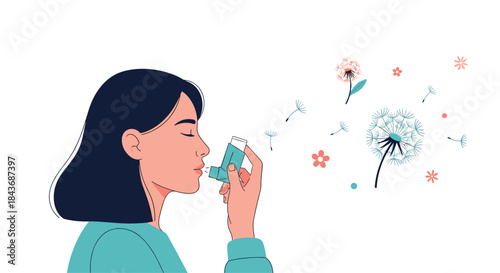 Woman uses inhaler to ease breathing while colorful dandelion seeds drift through the air creating a gentle allergy moment.