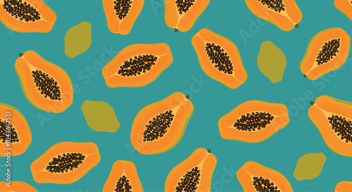 Bright orange papaya slices form a repeating tropical pattern on a teal background with black seeds and small green accents creating a vibrant fruit motif.