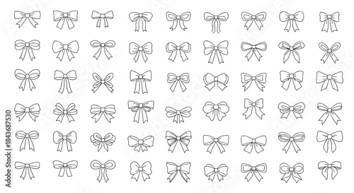 Grid of hand drawn decorative bows in black and white arranged in rows and columns for pattern reference and design inspiration.