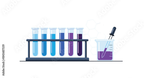 Vibrant laboratory setup with a row of test tubes filled with colorful liquids and a beaker with a pipette for scientific experiments.