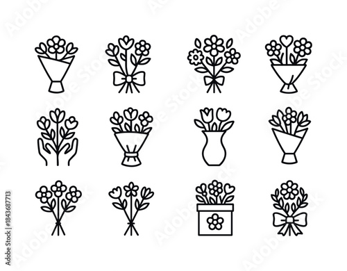 Flower Bouquet Icons. Flower Bouquets. Line icon set of flower b