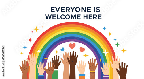 Diverse communities celebrate inclusion and welcome everyone with a rainbow of unity and hopeful hands raised in joy for every background and belief.
