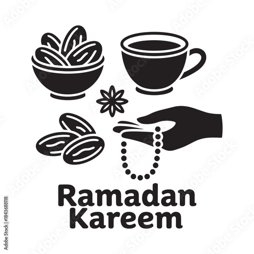 Ramadan greetings with dates coffee prayer beads and a welcoming hand