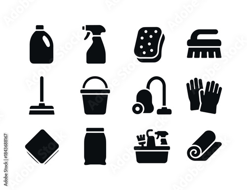 Home Cleaning Essentials. Home cleaning supplies. Solid icon set