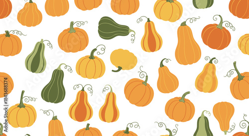 Colorful pumpkins and gourds pattern fills the scene with bright orange and green shapes and curling vines for autumn seasonal decor.