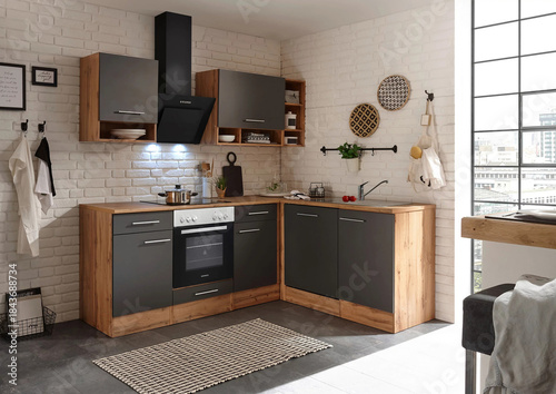 Modern luxury kitchen interior in minimal scandinavian style, 3d render