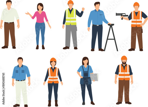 Construction workers, engineers, surveyors, safety gear, hard hats, reflective vests, tools, field work, professional roles, flat vector illustration