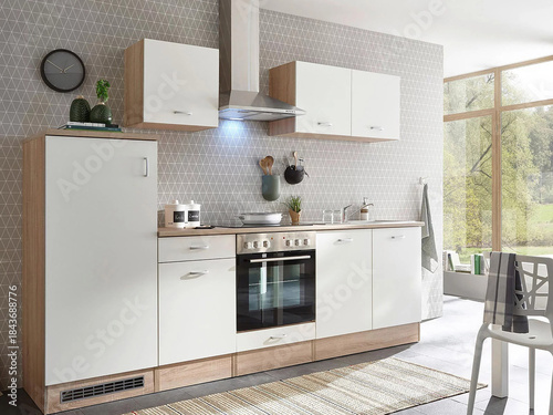 Modern luxury kitchen interior in minimal scandinavian style, 3d render