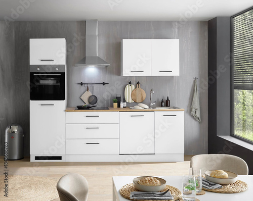 Modern luxury kitchen interior in minimal scandinavian style, 3d render