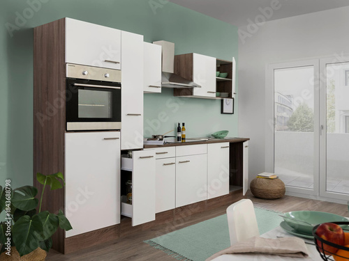 Modern luxury kitchen interior in minimal scandinavian style, 3d render