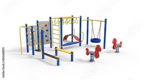 A playground structure with monkey bars ladder climbing wall swings and horse spring riders all in vibrant blue yellow and red