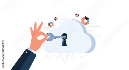 Businessman's hand inserting a key into a cloud symbol with a keyhole, representing cloud security, data access, and digital privacy.