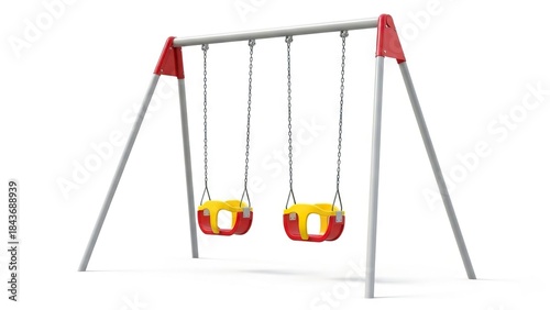 A playground swing set with two red and yellow bucket swings sits on a white surface
