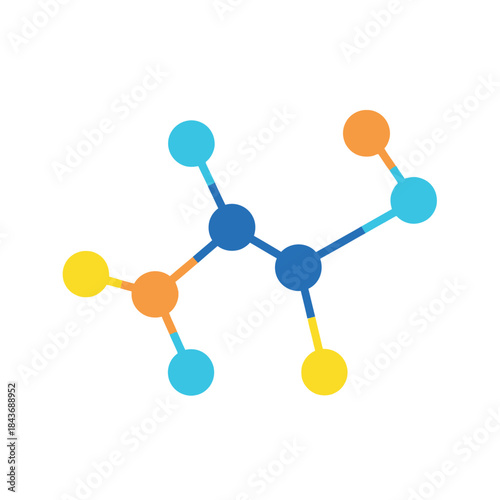 Abstract molecular structure representation with connected colorful spheres and lines on a white background