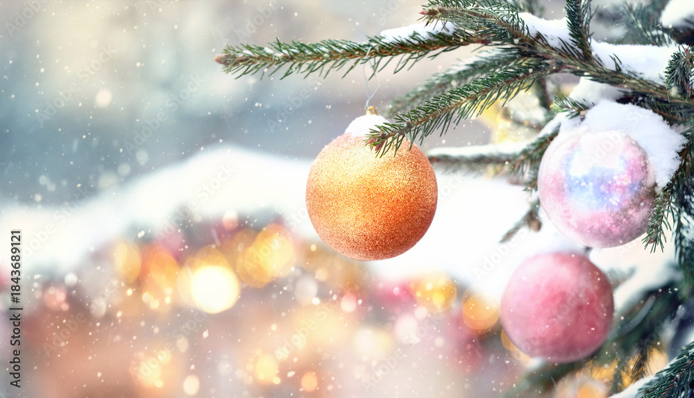 Fototapeta premium Colorful shiny christmas balls on fir branches outdoor, winter snowy nature background. Christmas, Yule, New Year holidays, festive winter season, fairy tale magic atmosphere. copy space