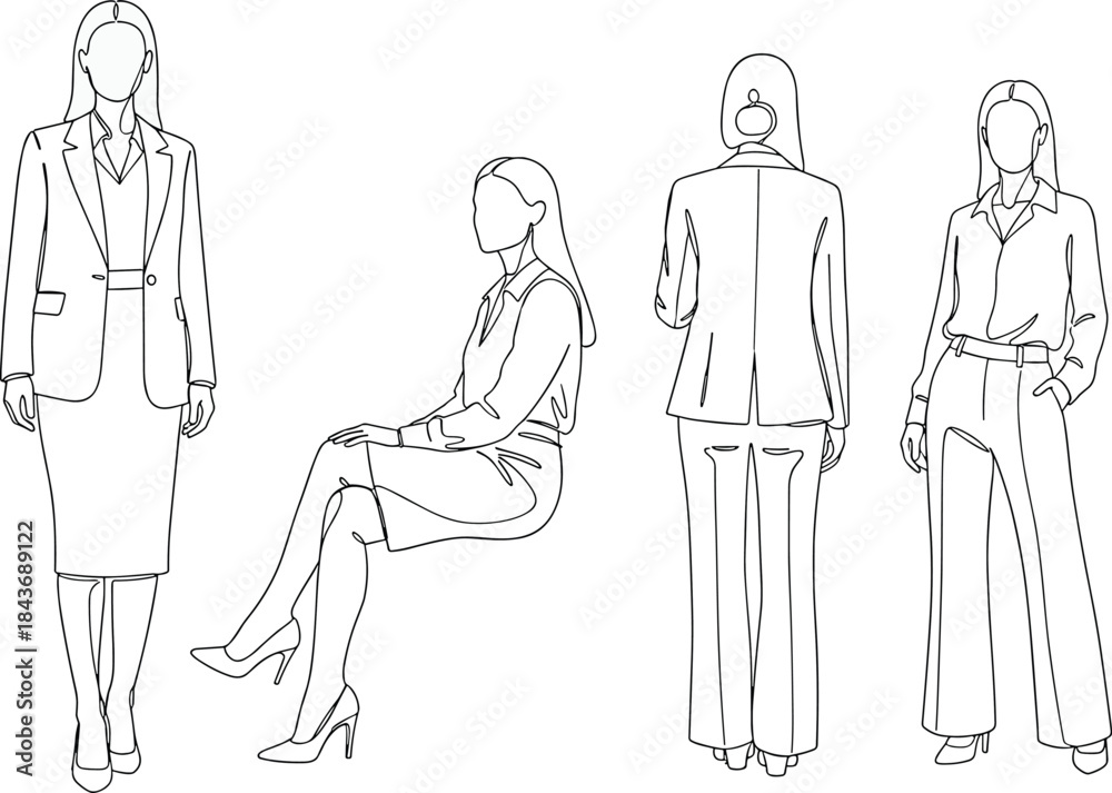 Obraz premium Businesswoman poses, professional attire, standing seated view, posture sketch, fashion figure, line drawing, flat vector illustration