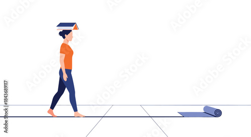 Graceful woman improving her posture and balance by walking with a book on her head, stepping onto an unrolling yoga mat for exercise.