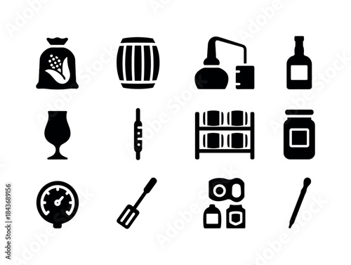 Distillery Tools Icons. Distillery products. Solid icon set of D