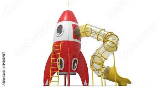 A red and white rocket playground with a yellow slide and ladder on a white background