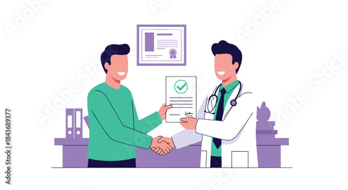 Smiling doctor giving a clean bill of health and shaking hands with a happy patient in a clinic, celebrating successful treatment or recovery.