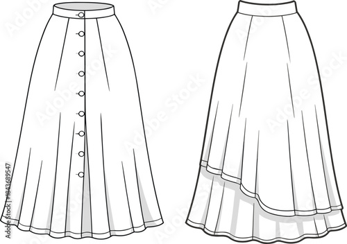Women's button front layered midi skirt technical fashion flat illustration showing front and back views with flared hem and seam details