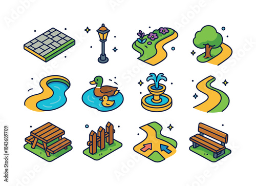 Colorful Park Icons. park pathways. Colorful isometric vector ic