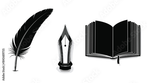 Vintage black and white writing and literature icons, including a classic feather quill, a detailed fountain pen nib, and an open book.