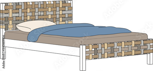 Woven rattan style bed frame with blue duvet and pillow illustration