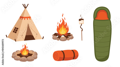 Cozy camping and outdoor adventure icon set, including a teepee tent, a bonfire, a sleeping bag, and a marshmallow on a stick.