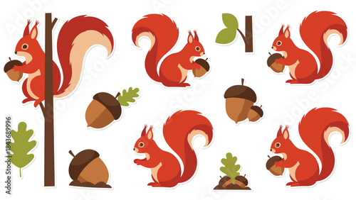 Adorable sticker set of cute cartoon red squirrels with acorns and oak leaves, shown in various playful poses and actions.