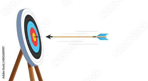 An arrow flying at high speed and hitting the exact center of a target's bullseye, symbolizing precision, success, and goal achievement.