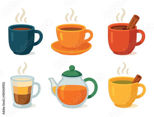 Colorful hot beverages: tea and coffee variety in vibrant cups