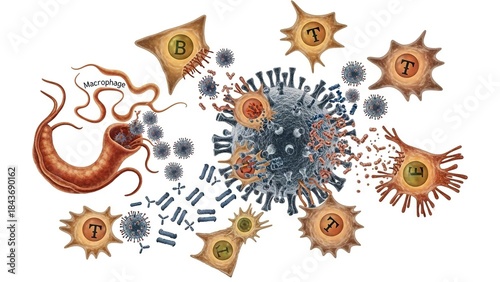 Diagram showing various immune cells attacking a virus