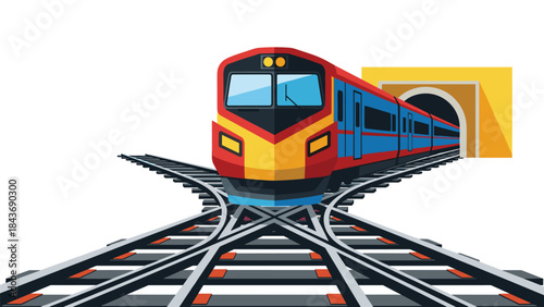 Modern passenger train emerging from a tunnel onto a complex railway junction with multiple tracks splitting in different directions.