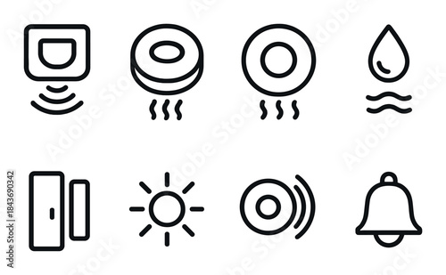 Set of eight minimalist home automation icons on dark background
