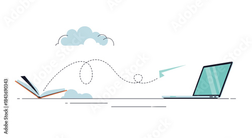 Conceptual image showing the transfer of knowledge from a book to a laptop via a paper airplane, representing digital education and e-learning.