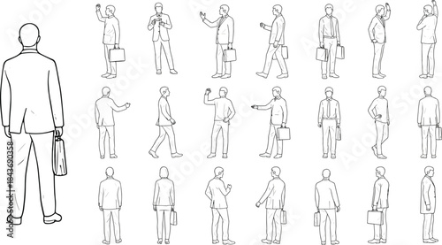 Businessman poses, briefcase figure, professional gesture, walking standing view, posture sketch, line drawing, flat vector illustration