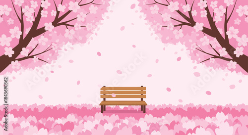 Peaceful spring scene with a park bench under blooming cherry blossom trees, with pink petals covering the ground and falling gently.