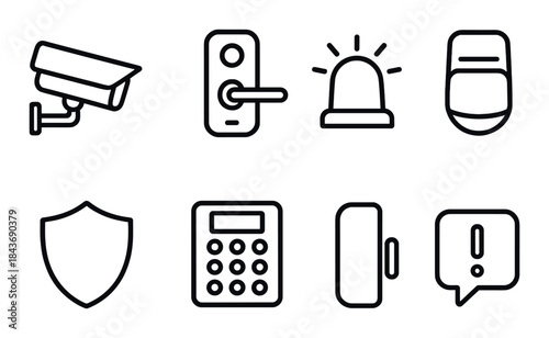 Home security icons: surveillance camera, alarm, door lock, shield, keypad