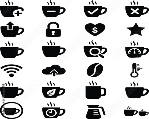 Coffee and tea cup icons set, hot beverage silhouettes, cafe and restaurant menu symbols.