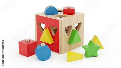Shapesorter cube with wooden toys red squaretriangle side half moonsquare top star triangles scattered