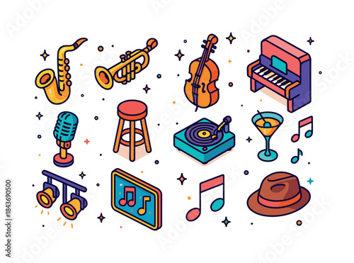 Retro Jazz Icons. Retro jazz club. Colorful isometric vector ico