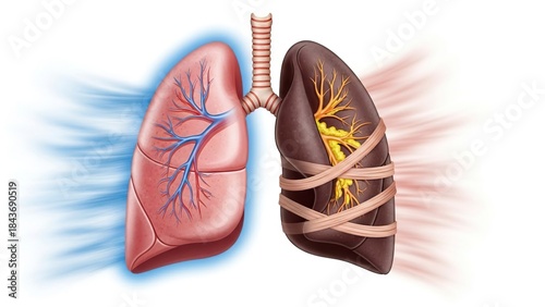 Sidebyside depiction of healthy  diseased lungs linked by trachea visually contrasting health and illness