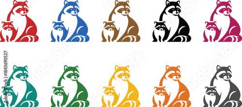 Raccoon family silhouettes in various colors, Colorful raccoon animal family icon set