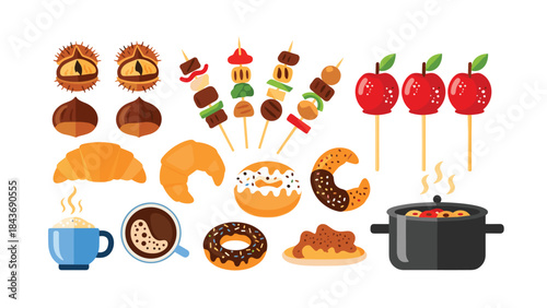Delicious and cozy collection of autumn and winter foods, including candy apples, donuts, croissants, kebabs, and hot drinks.