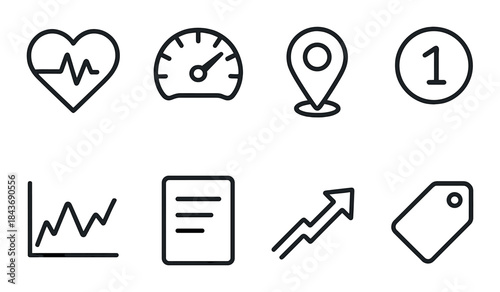 Minimalist black business icons set with heart graph, speed gauge, map pin, and price tag