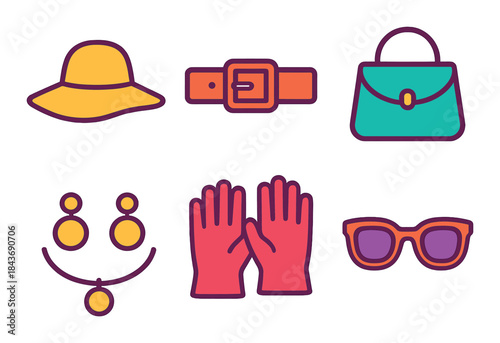 Colorful fashion accessories icons including hat, belt, bag, jewelry, gloves, and sunglasses