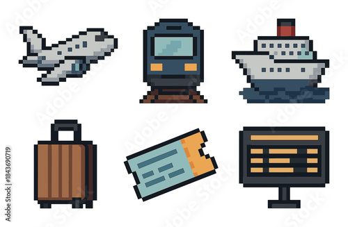 Pixel art transportation icons featuring airplane train ship luggage ticket and board