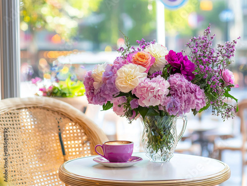 Colorful flowers and a purple coffee cup on a table beside a wicker chair, bright cafe window background